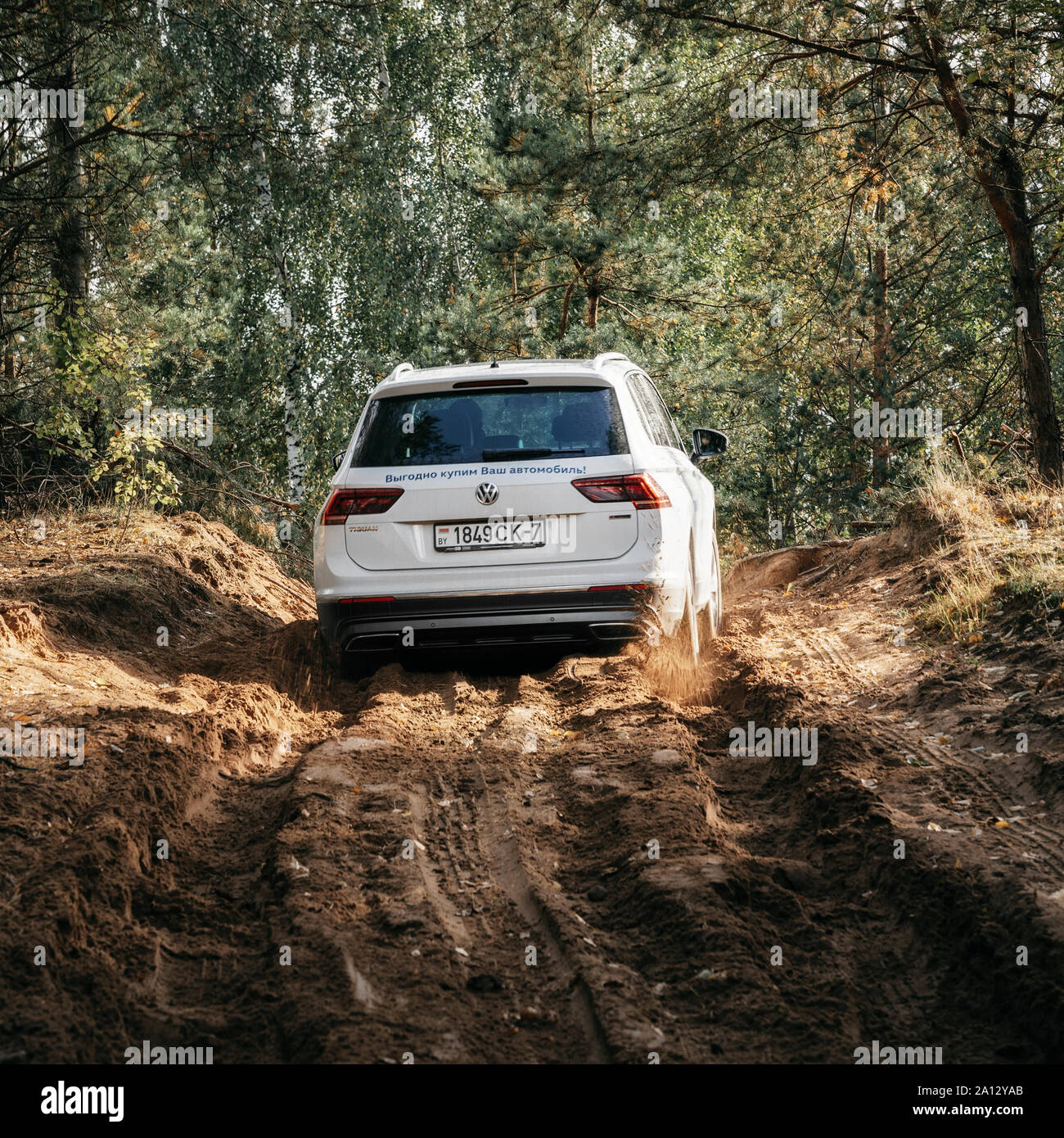 Minsk, Bielorussia - 20 Settembre 2019: Volkswagen Tiguan 4x4 corse cross country nella foresta. Vista posteriore Foto Stock