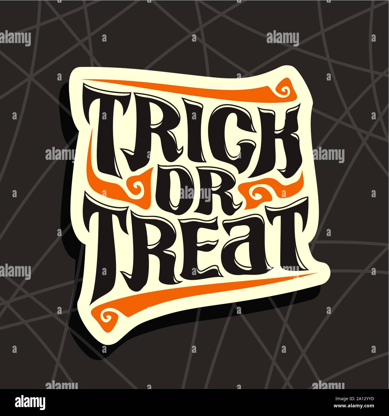 Vector poster con lo slogan di Halloween Dolcetto o scherzetto: decorative font manoscritta per citare le parole di Dolcetto o scherzetto su nero pattern astratti. Illustrazione Vettoriale