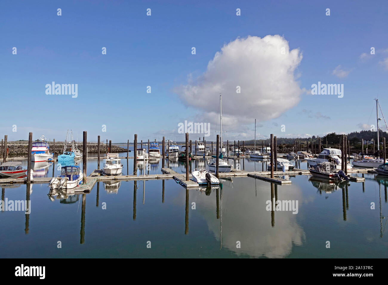 Una vista delle piccole imbarcazioni ormeggiate al dock in Bandon, Oregon, porto, lungo la Oregon costa del Pacifico. Foto Stock