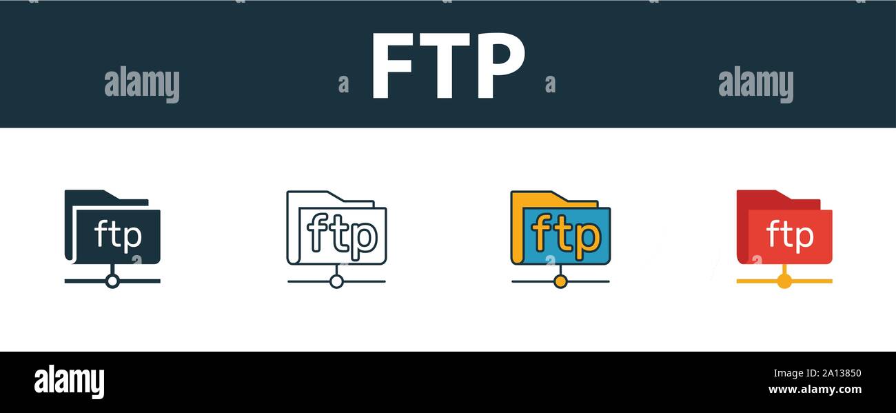 Icona ftp impostato. Quattro simboli semplici in diversi stili dal web hosting raccolta di icone. Creative icone ftp riempito, del contorno colorato e simboli di Piana Illustrazione Vettoriale