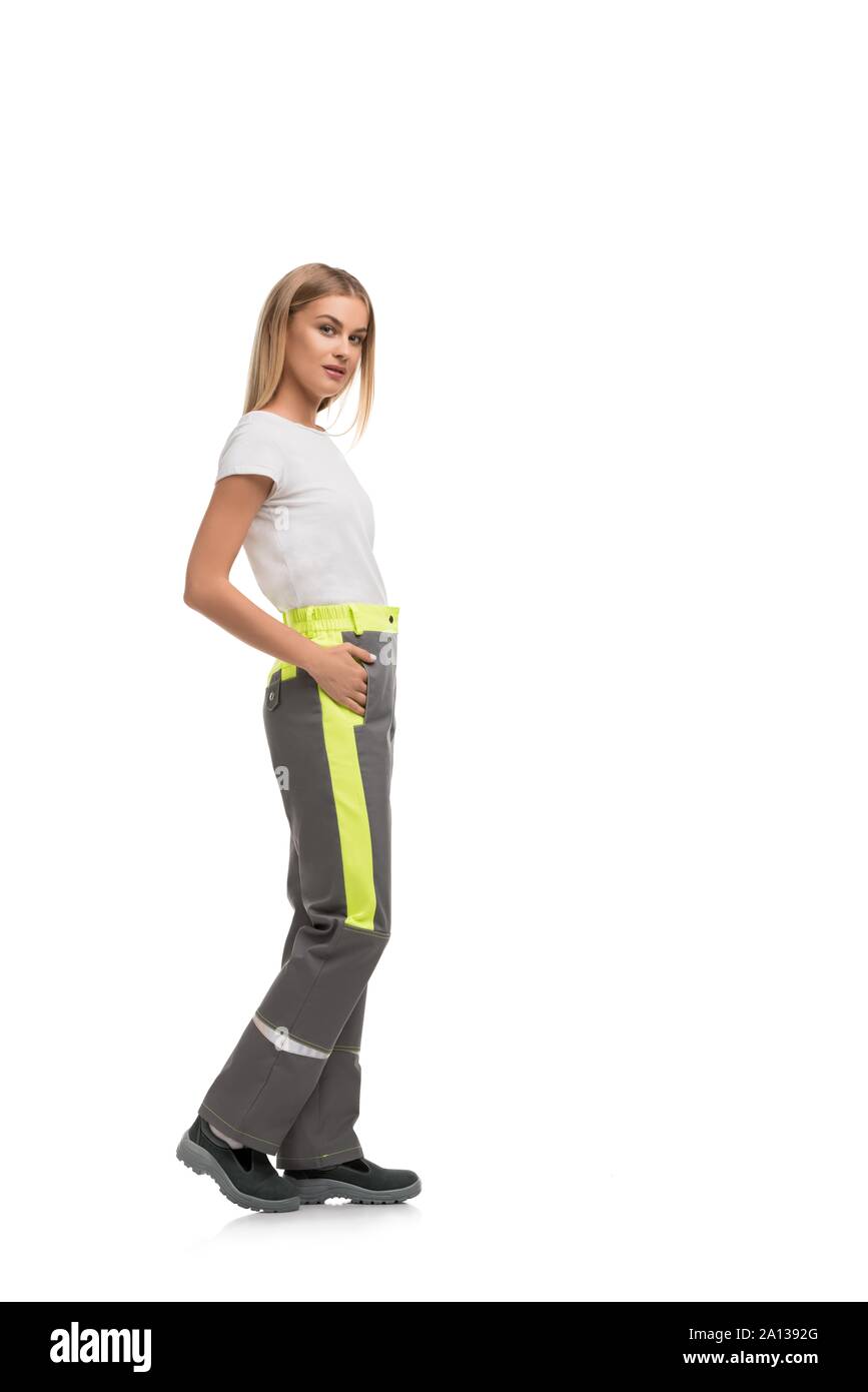 Bella ragazza in abiti da lavoro isolato profilo vista Foto Stock