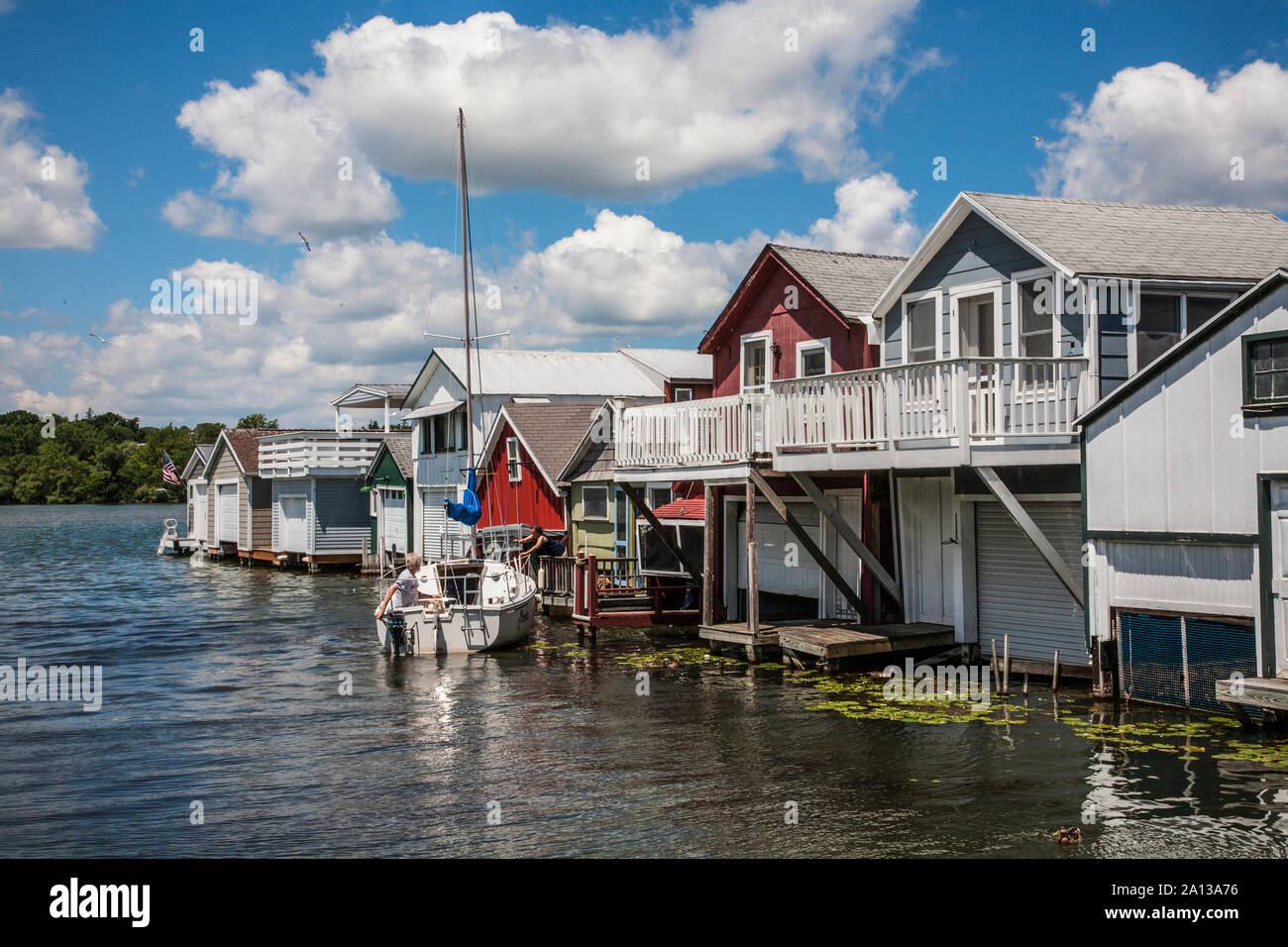Storico Canandaigua City Pier Boathouse fila, case del lago, case di barca, Canandaigua, Upstate New York, USA, USA, Canandaique, New York Foto Stock