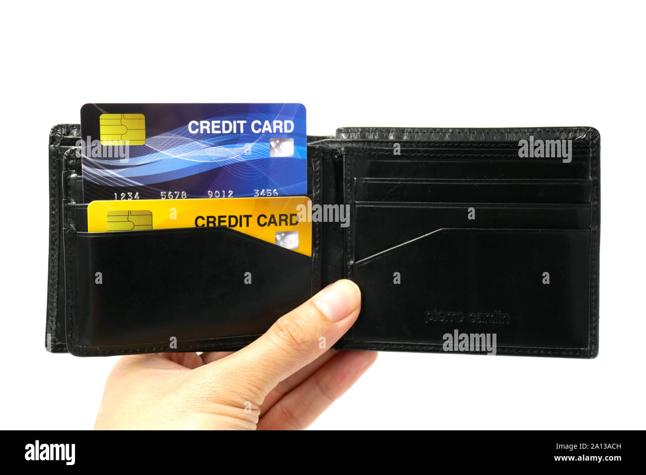 Mockup carta di credito, il famoso metodo di pagamento con plastica e carta di chipcard close up shot e isolato su sfondo bianco Foto Stock