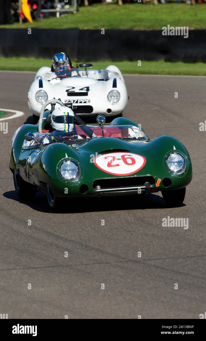 1959 Lotus-Climax 15 pilotato da Bernado Hartogs nel Sussex Trophy gara al Goodwood xiii sett 2019 a Chichester, Inghilterra. Il diritto d'autore mi Foto Stock