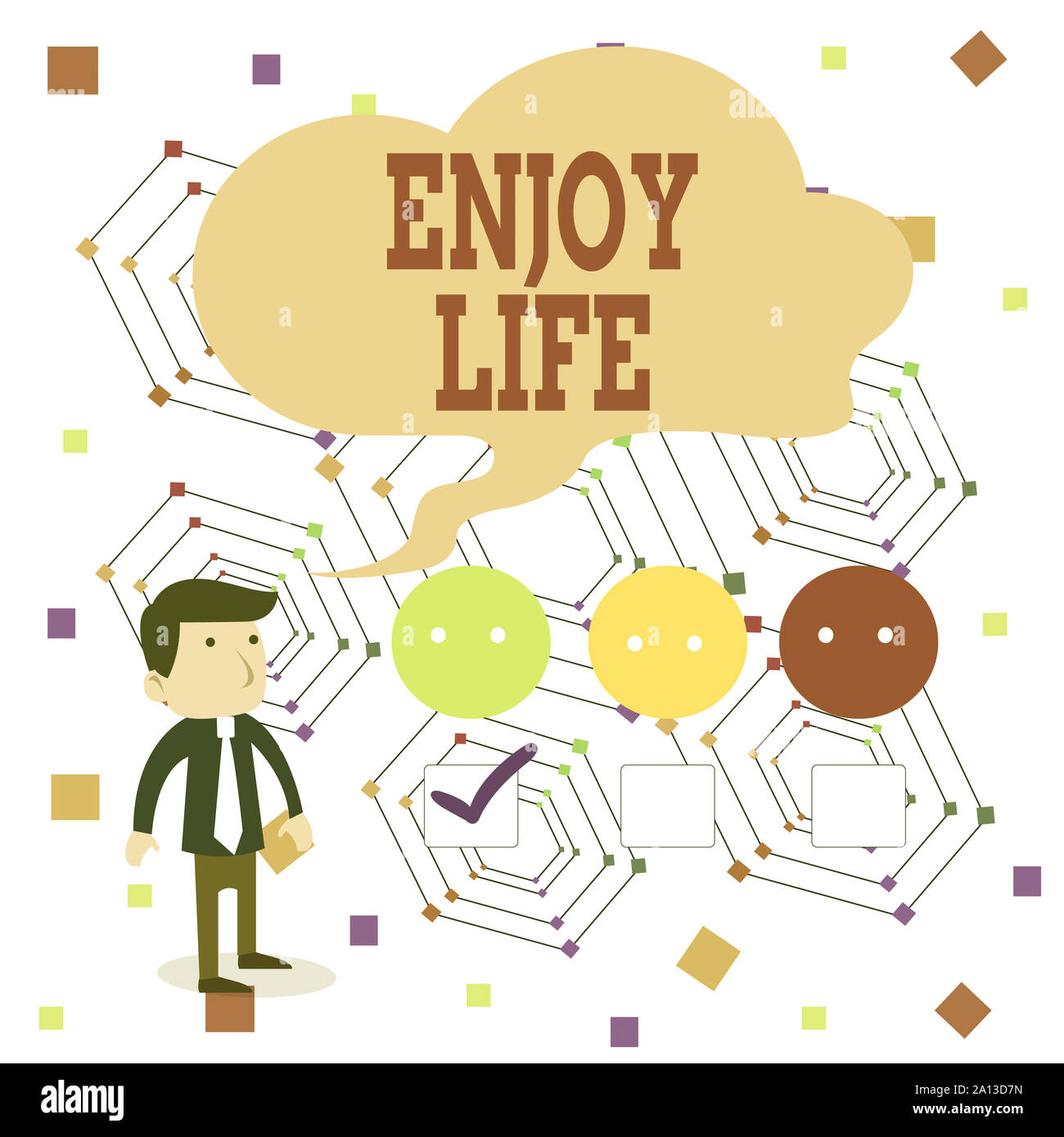 Testo della scrittura si gode la vita. Foto concettuale qualsiasi cosa, luogo,cibo o dimostrare che vi permette di rilassarvi e di felice maschi bianco Questionario C Foto Stock