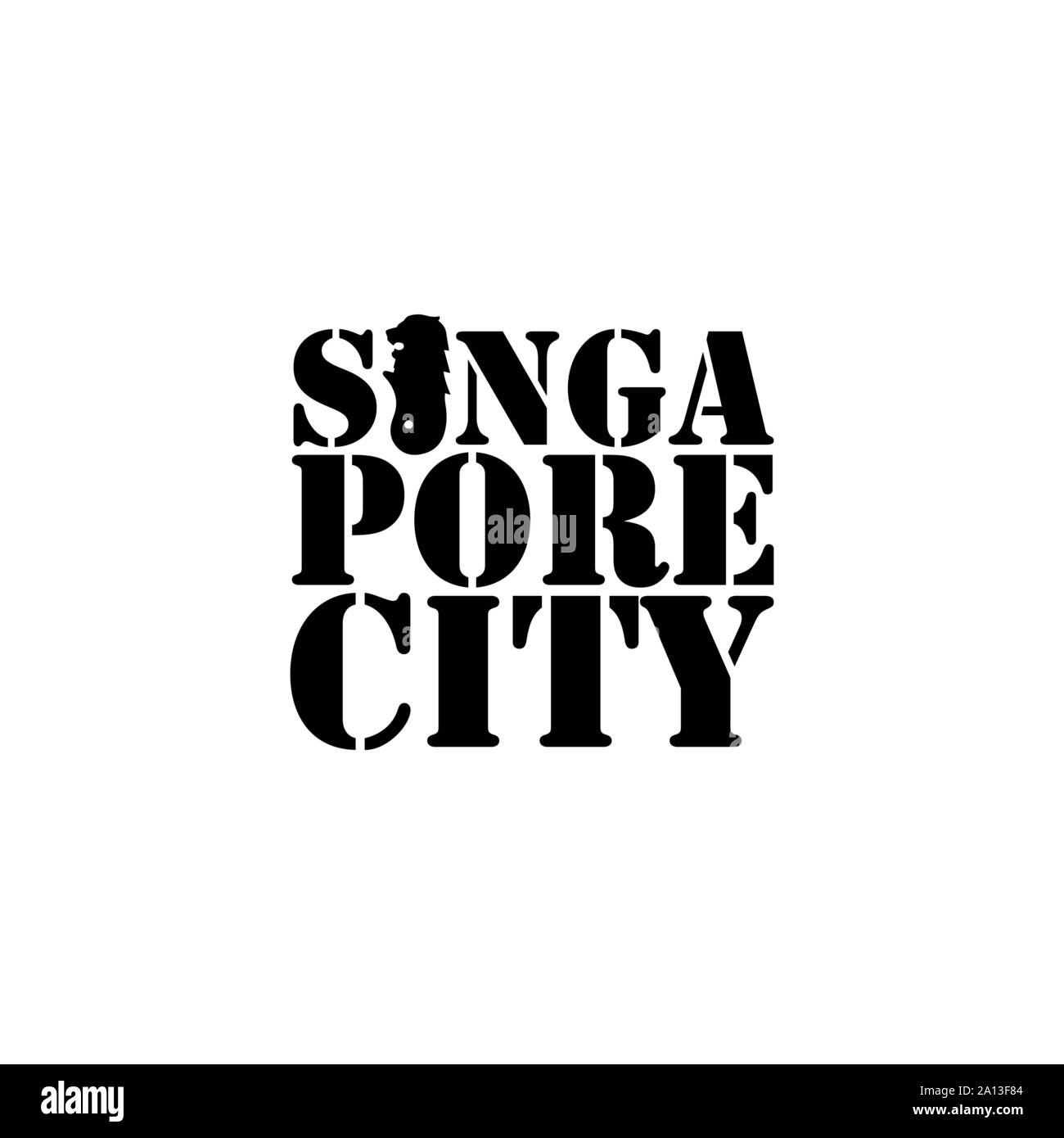 La città di Singapore caratteri tipografici con statua Merlion in spazio negativo stile vettore di design Illustrazione Vettoriale