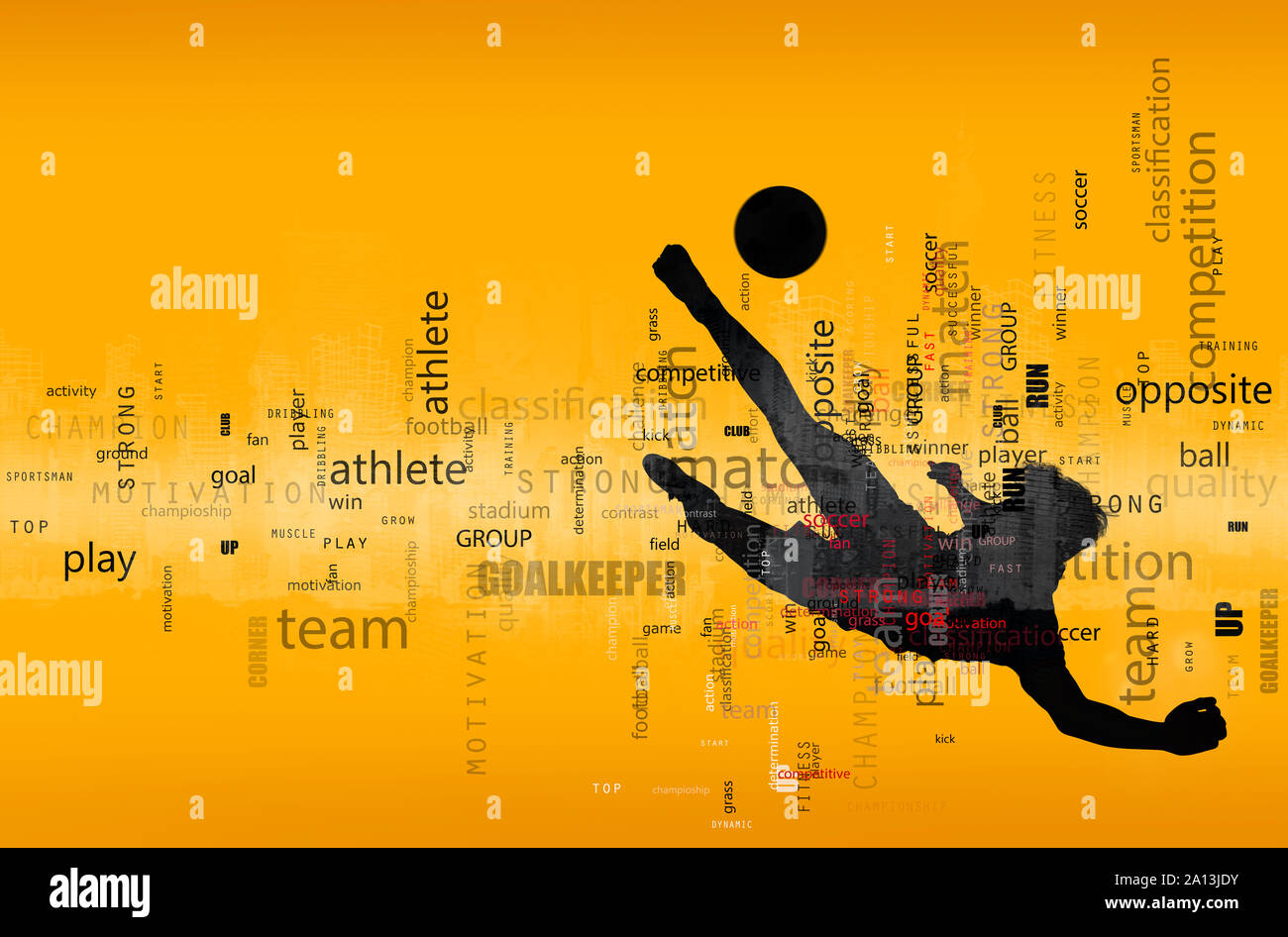 Scena di calcio di un giocatore di calcio silhouette in azione. Effetto di testo in sovrapposizione con la maggior parte dei termini utilizzati. Sfondo astratto Foto Stock