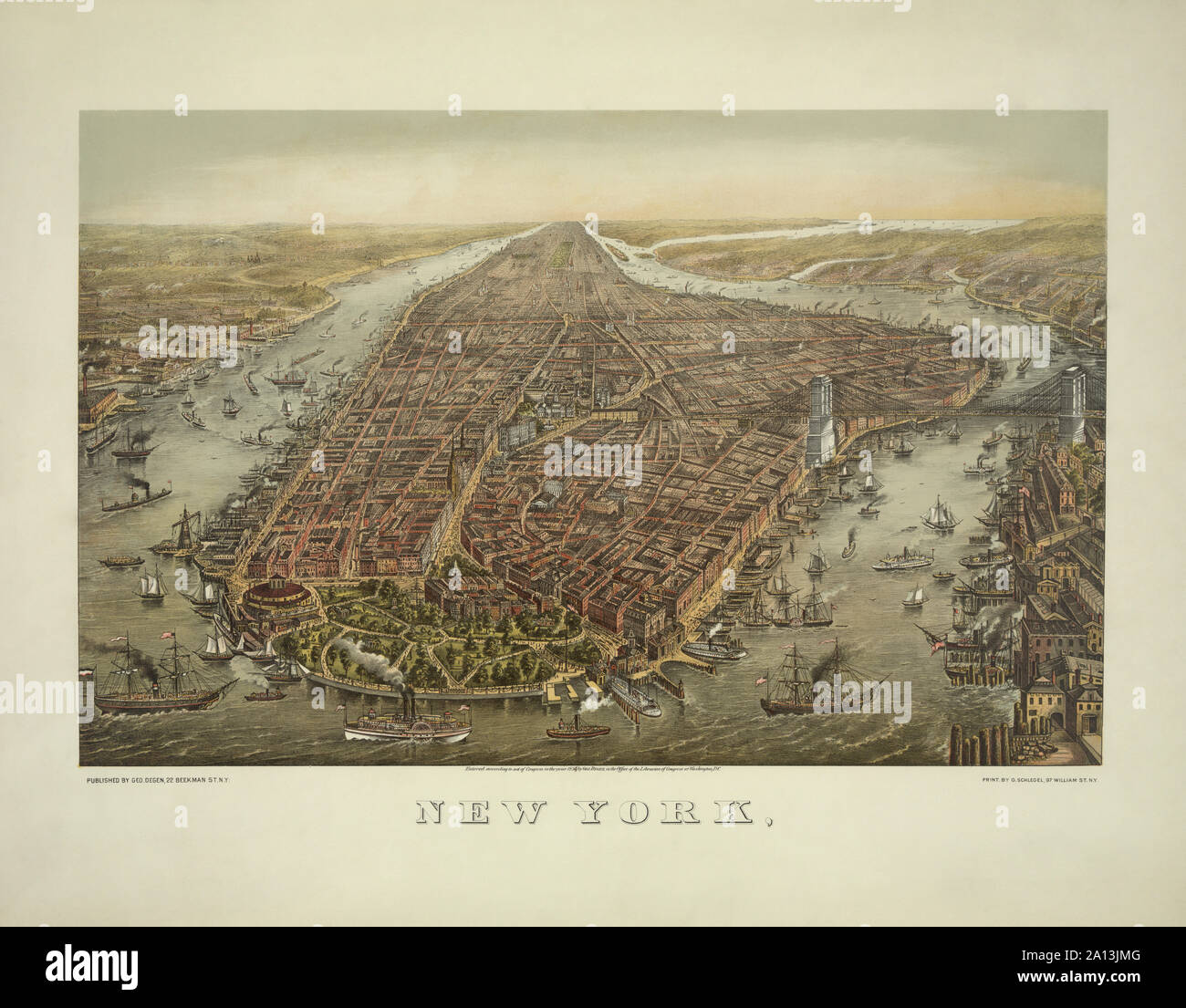 American history stampa mostra un illustrato birdâ€™s vista di Manhattan, New York City. Foto Stock