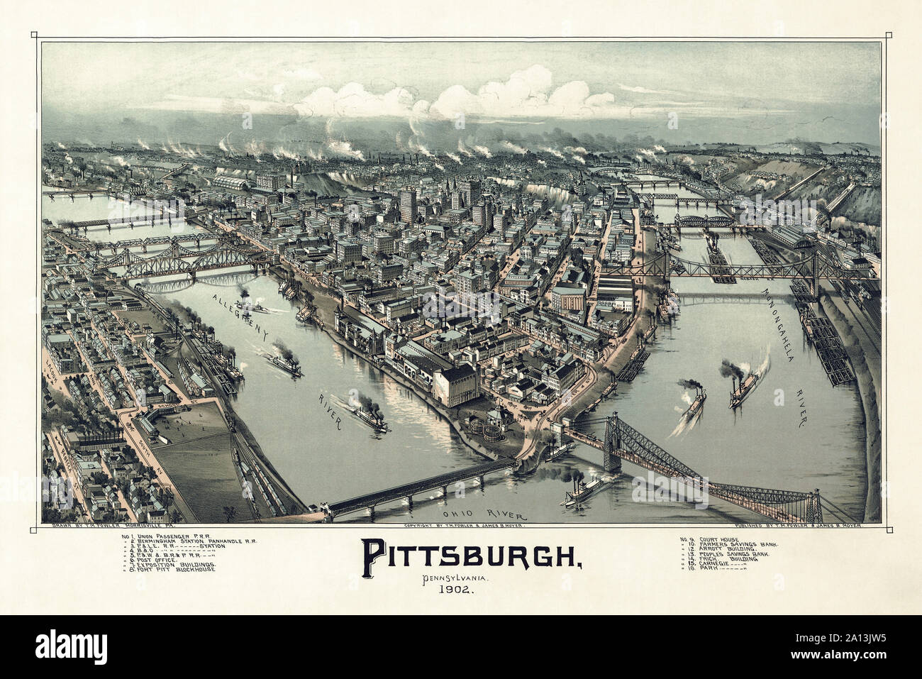 Un illustrato birds eye view della città di Pittsburgh, Pennsylvania nel 1902. Foto Stock