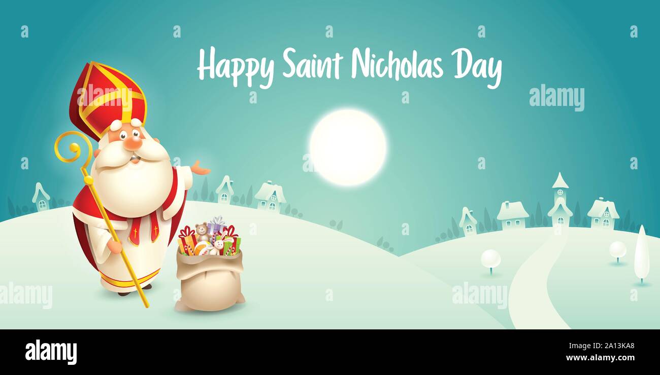 Happy Saint Nicholas day - scena invernale biglietto di auguri o un banner - sfondo turchese Illustrazione Vettoriale