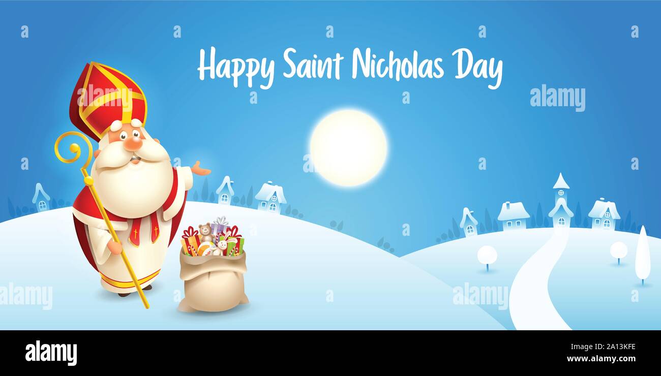Happy Saint Nicholas day - scena invernale biglietto di auguri o un banner - sfondo blu Illustrazione Vettoriale