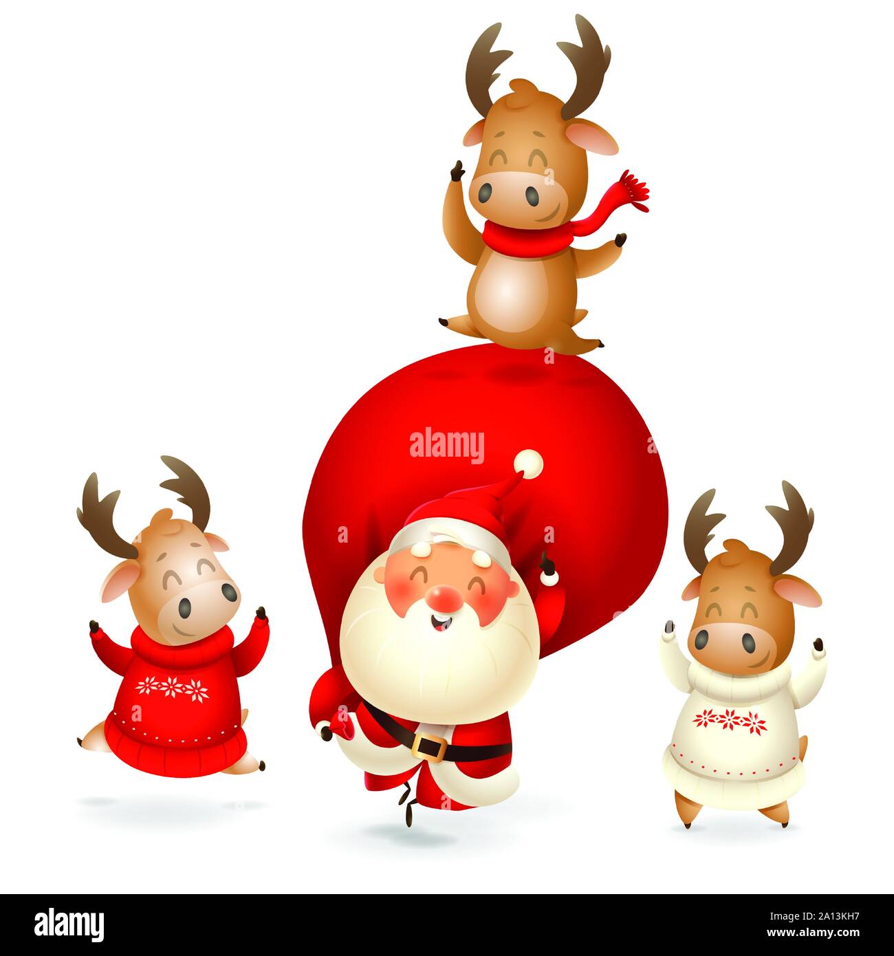 Santa Claus e alci celebrare le Feste - Happy espressioni - Buon Natale e felice anno nuovo - isolato su sfondo trasparente Illustrazione Vettoriale