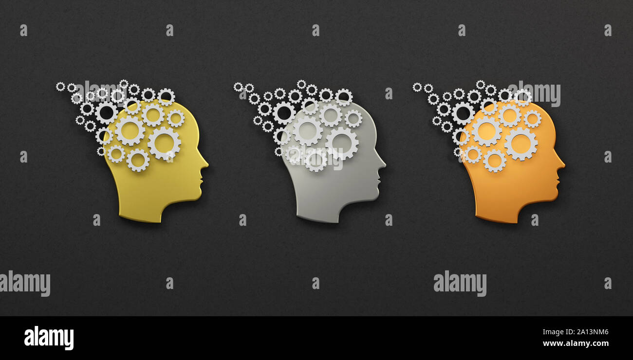 Tre ingranaggi testa concetto di gruppo di allenamento della memoria logo. Astrazione di pensare la mente. Questa illustrazione serve come idea di gioco di squadra mente pensare di lavoro Foto Stock