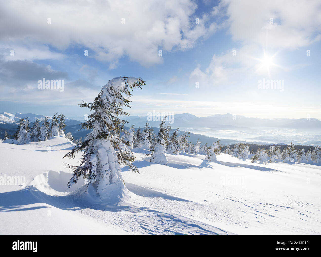 Paesaggio Innevato con abeti in cumuli di neve. Soleggiata giornata invernale con belle nuvole Foto Stock