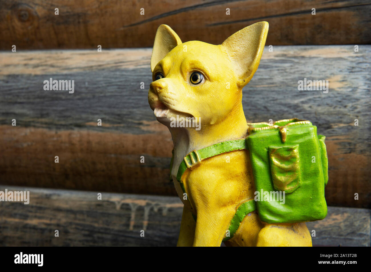 Puzzle cercando yellow dog show pezzo con zaino verde. Carino piccolo cucciolo. Foto Stock