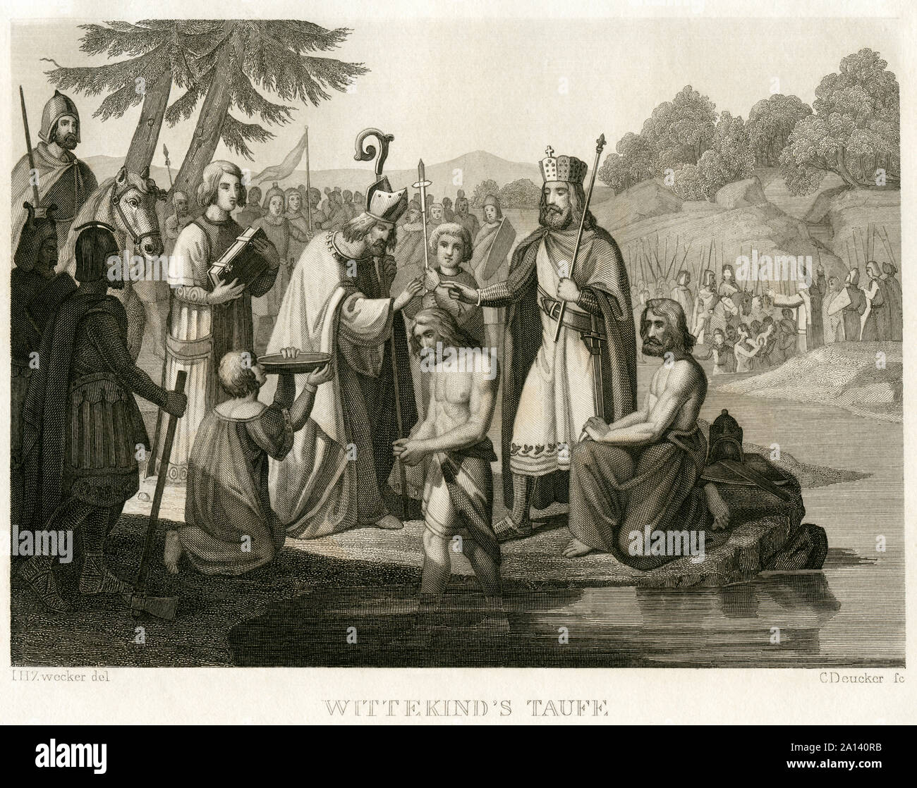 Europa, Deutschland, Renania settentrionale-Vestfalia, Enger, Wittekind's Taufe, Kupferstich von C. Deucker nach I. H. Zwecker , 1840er Jahre / Europa, in Germania, in Renania settentrionale-Vestfalia, Enger, la cerimonia di battesimo di Wittekind , coppeplate incisione di C. Deucker dopo I. H. Zwecker , intorno 1840th . Foto Stock