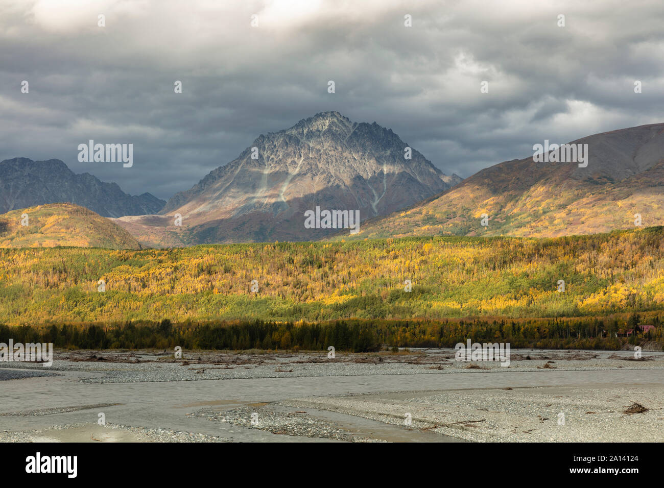 Drammatica nuvole e sole rivelano un colorato paesaggio autunnale lungo il fiume Matanuska centromeridionale in Alaska. Foto Stock