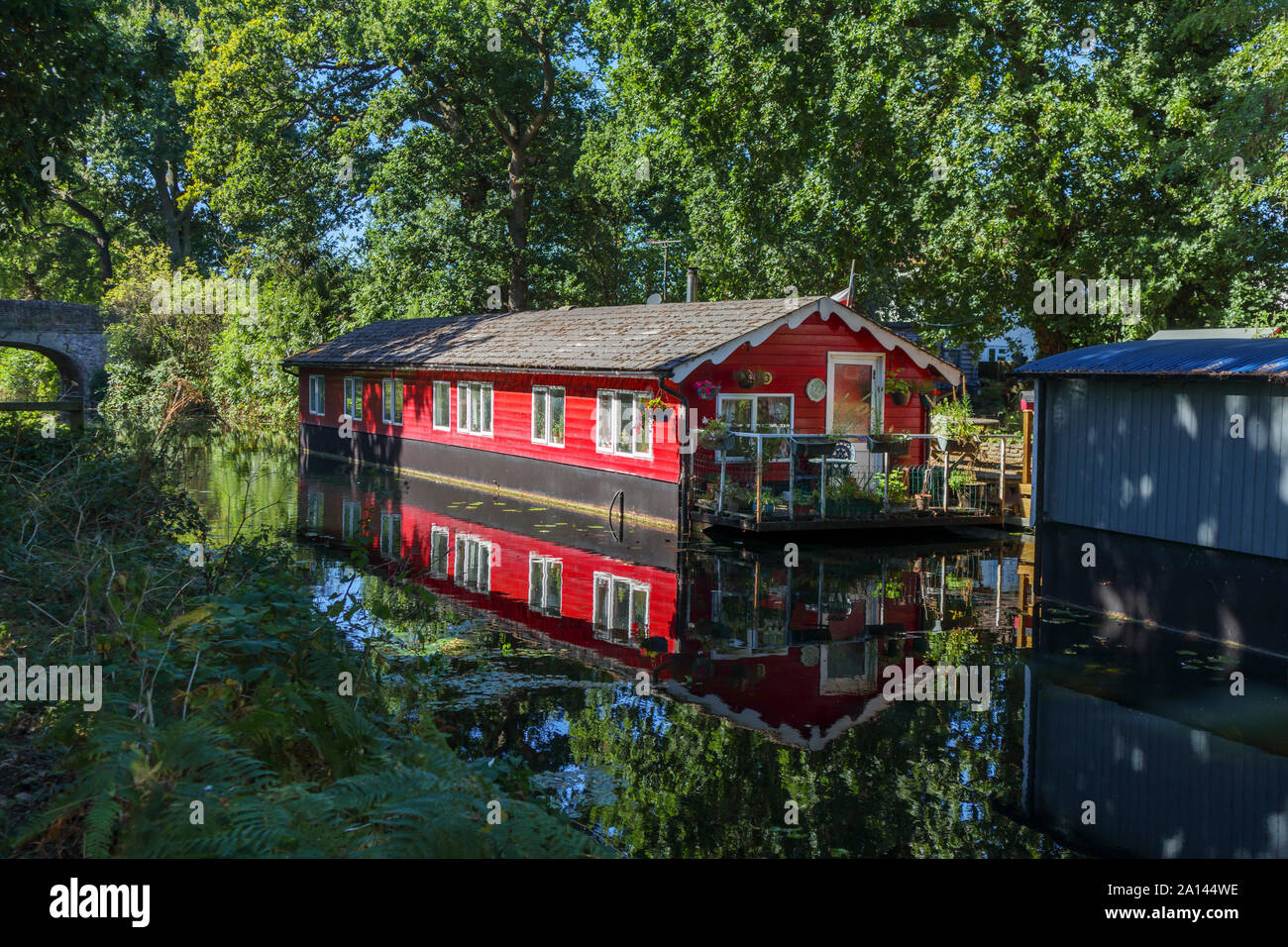 Casa galleggiante rosso permanentemente ormeggiato sulle rive del Basingstoke Canal nel Woodham area di Woking, Surrey, Inghilterra sudorientale, REGNO UNITO Foto Stock