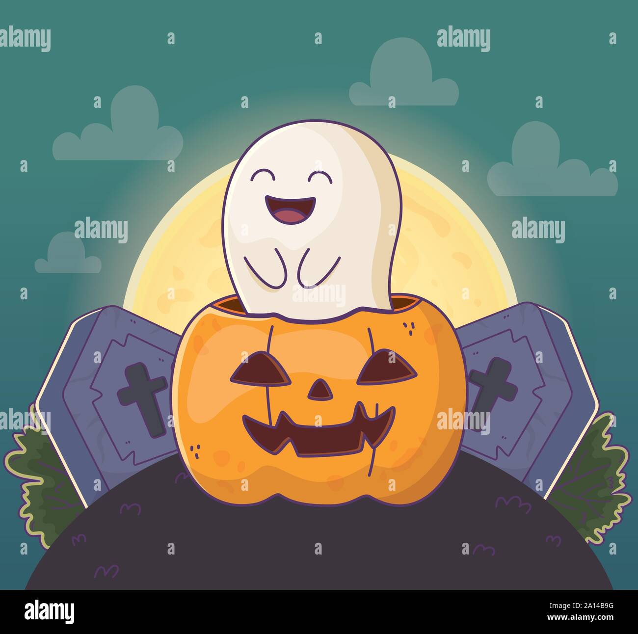 Happy ghost cimitero di zucca dolcetto o scherzetto - happy halloween illustrazione vettoriale Illustrazione Vettoriale