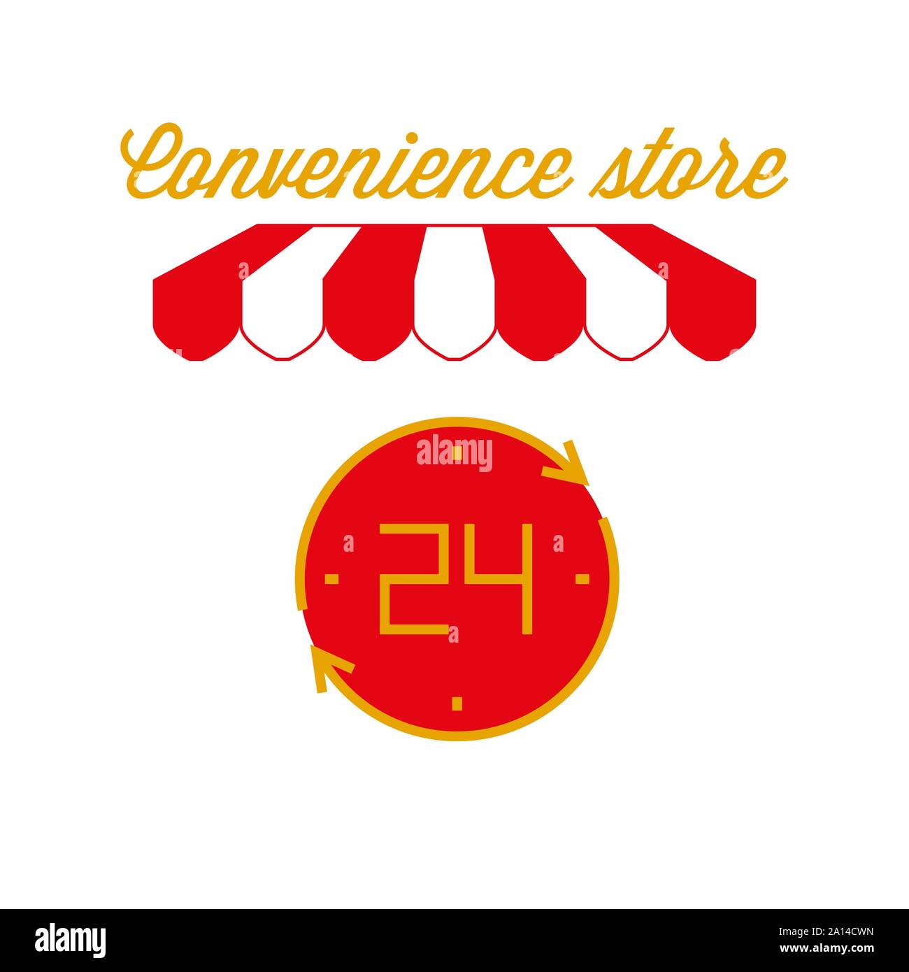 Minimarket segno, emblema. Rosso e bianco striato tenda tenda. 24 ore icona. Oro e Rosso. Appartamento illustrazione vettoriale. Illustrazione Vettoriale