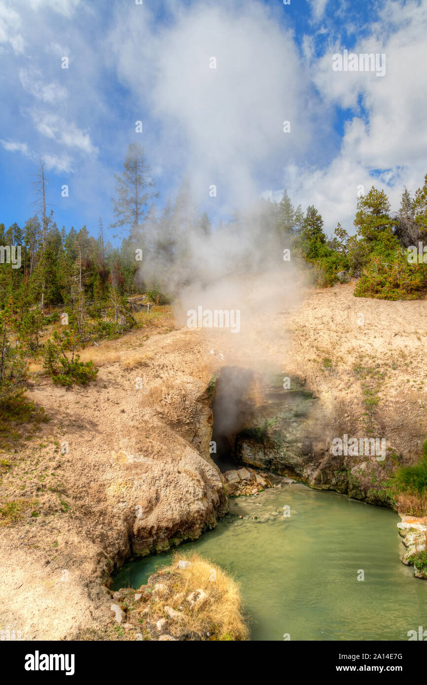 Vapore sale dalla bocca del drago antro di primavera presso il Parco Nazionale di Yellowstone in Wyoming, Stati Uniti. Foto Stock