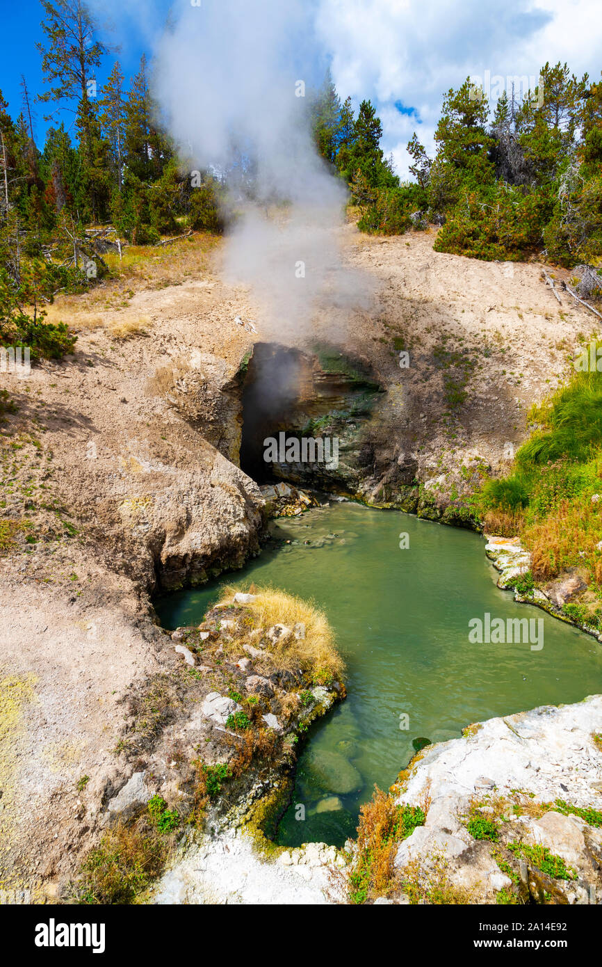 Vapore sale dalla bocca del drago antro di primavera presso il Parco Nazionale di Yellowstone in Wyoming, Stati Uniti. Foto Stock