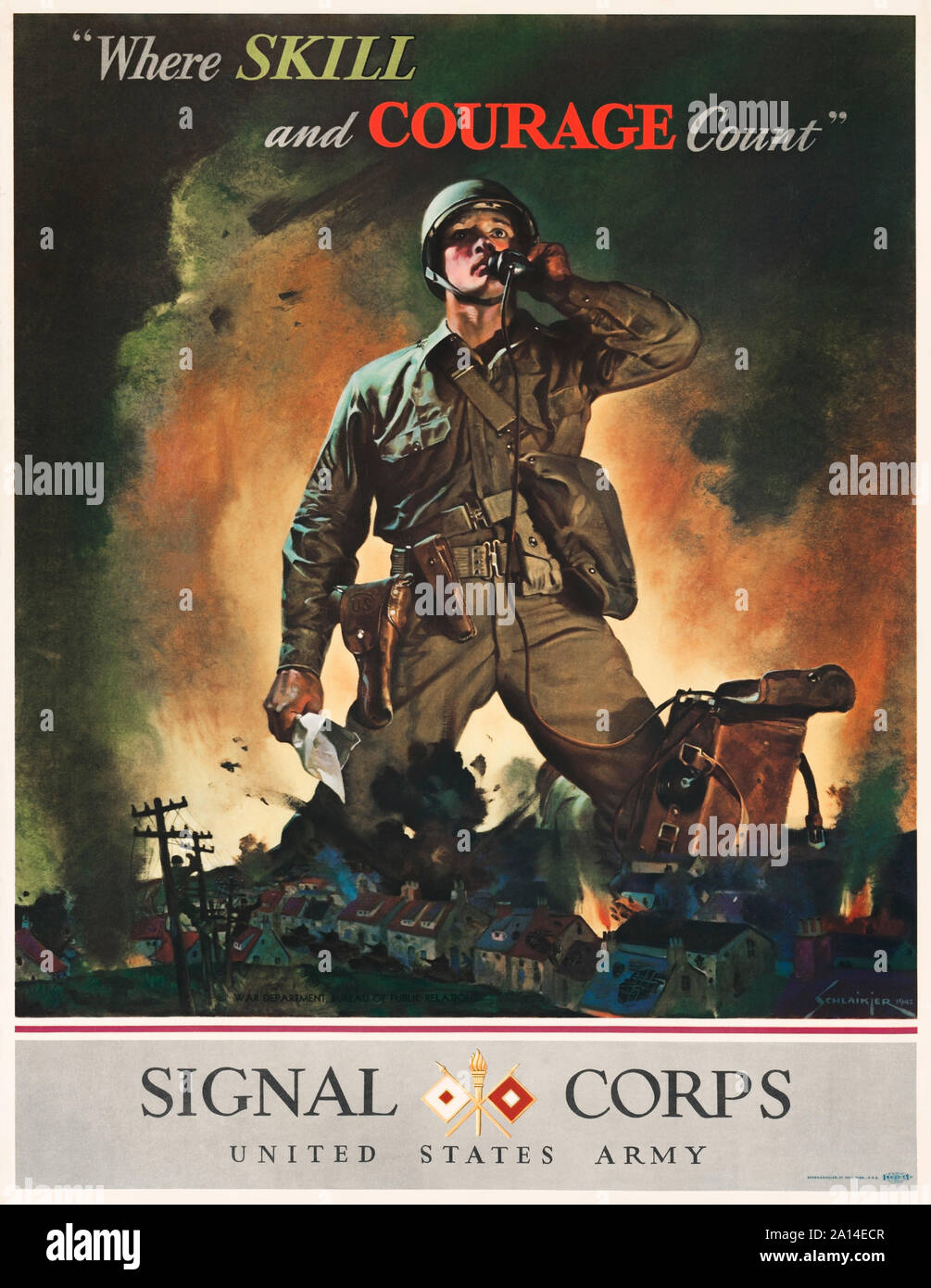 Vintage reclutamento militare poster raffigurante un soldato americano a parlare su un campo telefono. Foto Stock