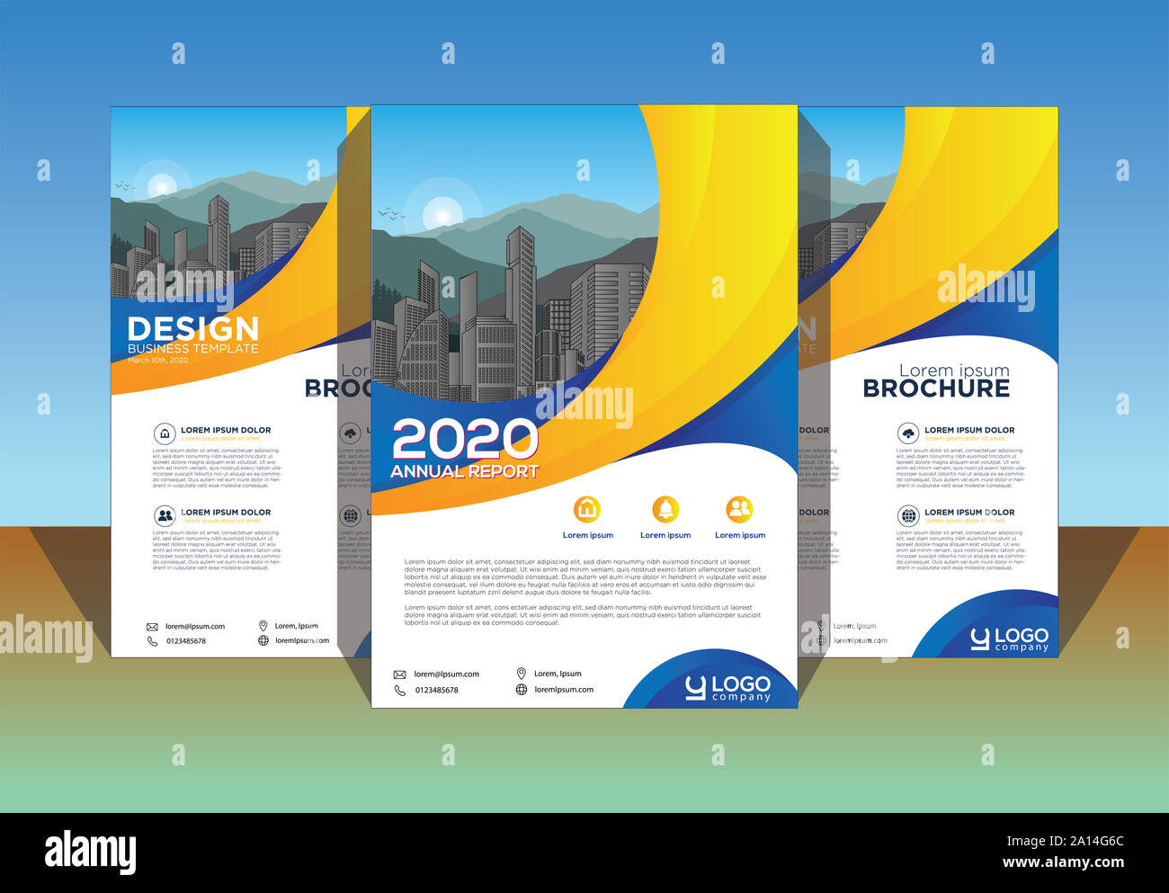 Realizzazione brochure, coperchio layout moderno, relazione annuale, poster, volantini in formato A4 con colorati, forme geometriche per tech, scienza, di mercato con luce backgrou Foto Stock