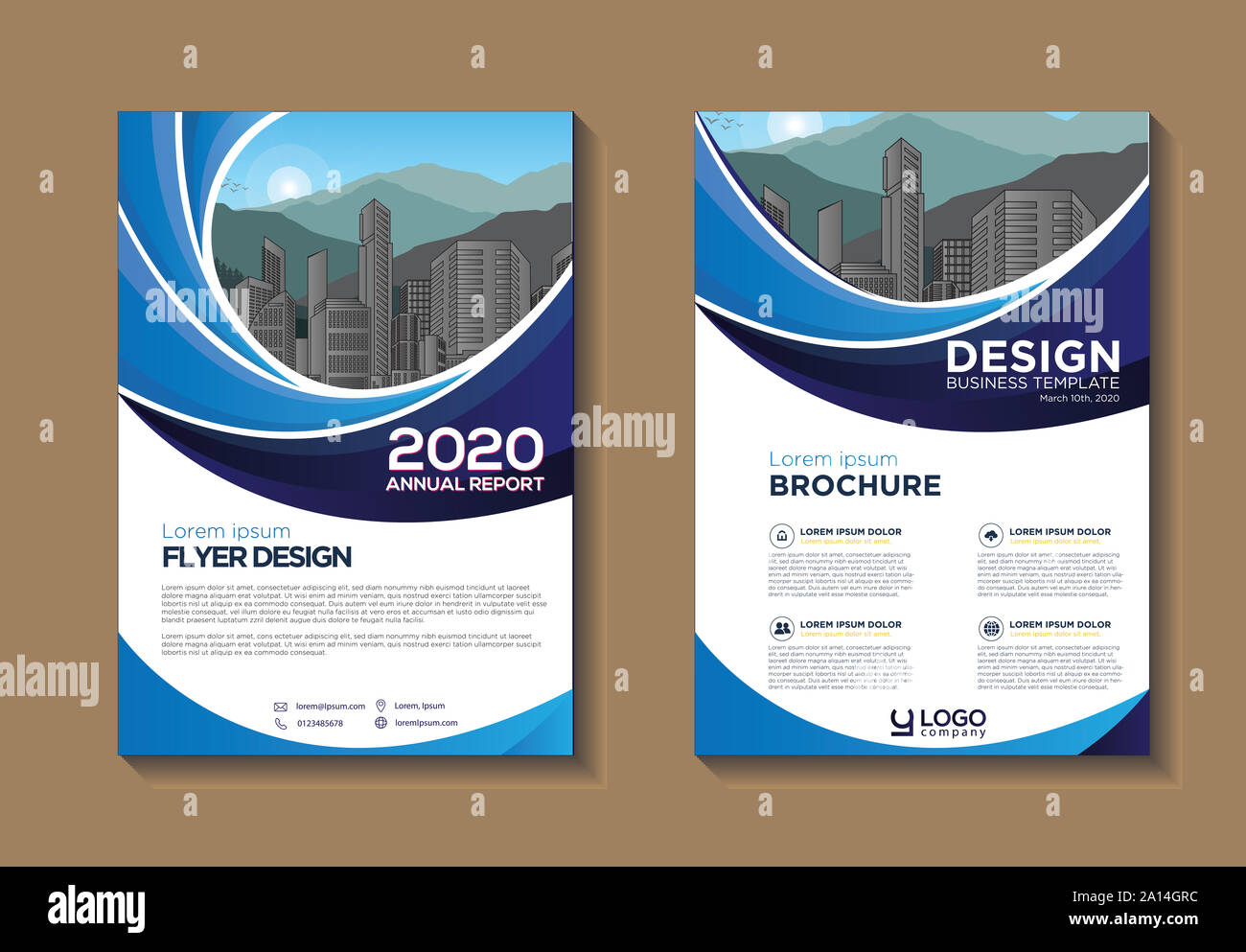 Realizzazione brochure, coperchio layout moderno, relazione annuale, poster, volantini in formato A4 con colorati, forme geometriche per tech, scienza, di mercato con luce backgrou Foto Stock