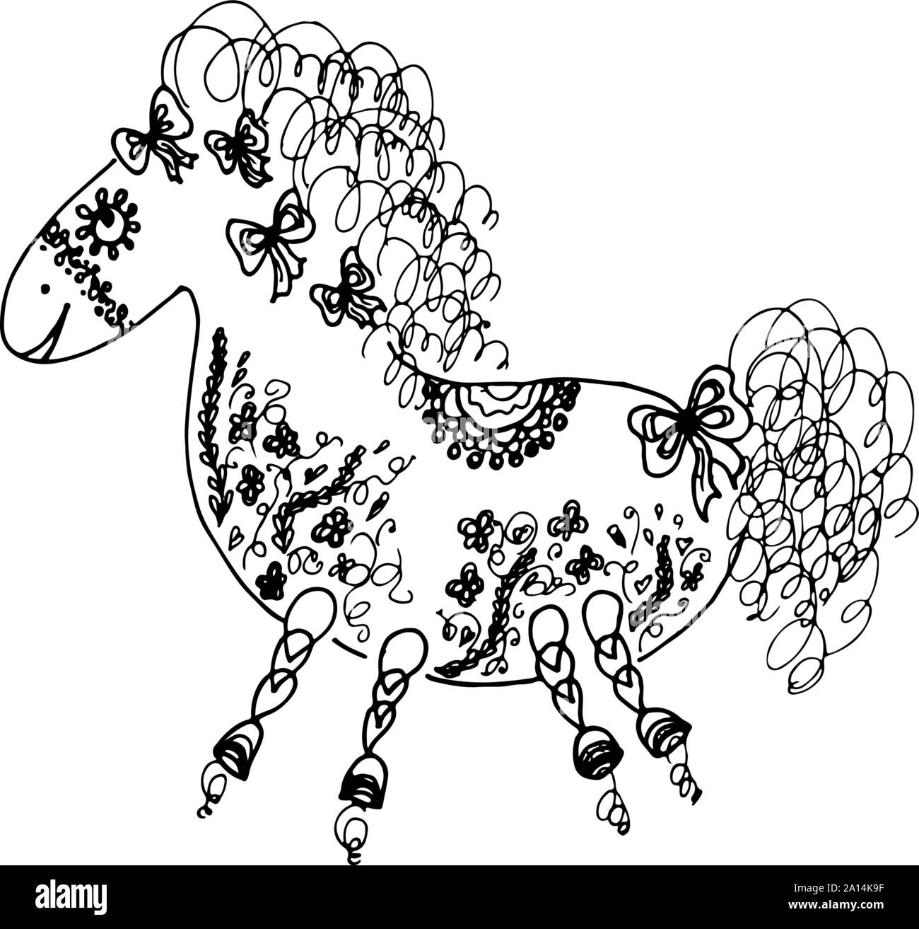 Cavallo di contorno illustrazione vettoriale. Doodle delineare cavallo con elementi floreali su sfondo bianco. Ornamento floreale. Il design del vettore. Ritratto animale. Uni Illustrazione Vettoriale