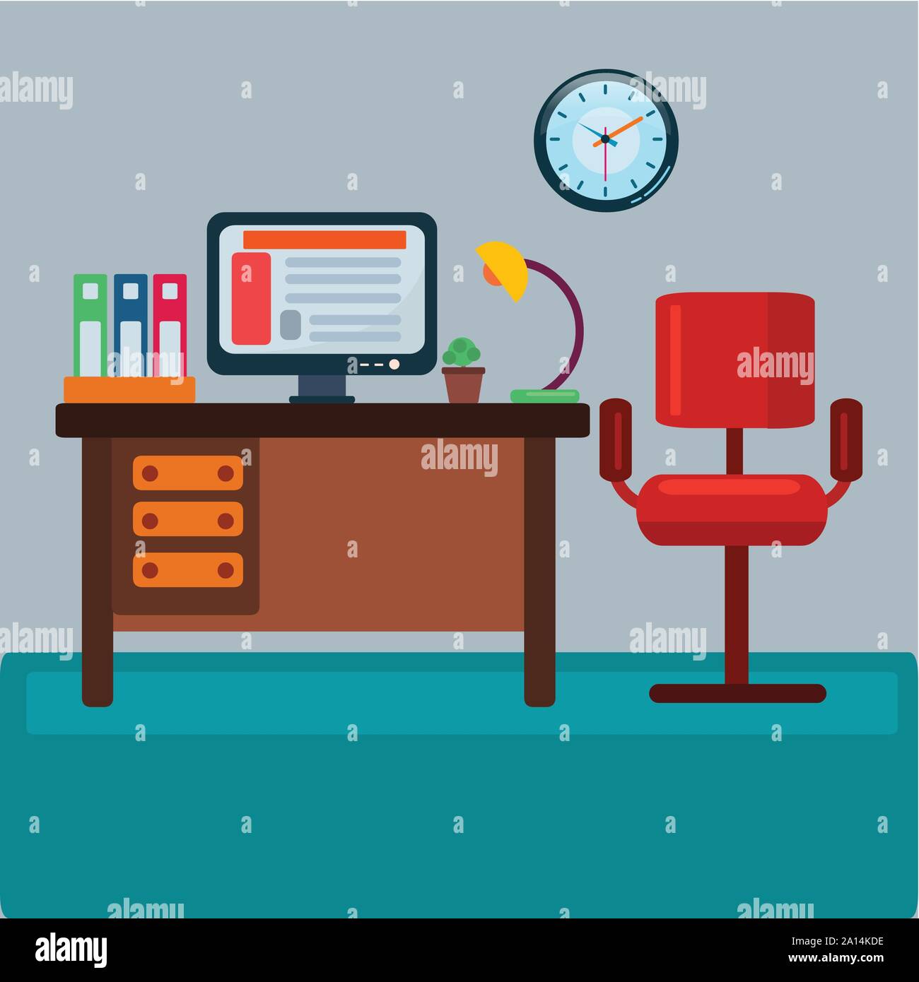 Office Workplace con tavolo,bookcase , computer. Design per il sito web ,banner, brochure illustrazione vettoriale Illustrazione Vettoriale