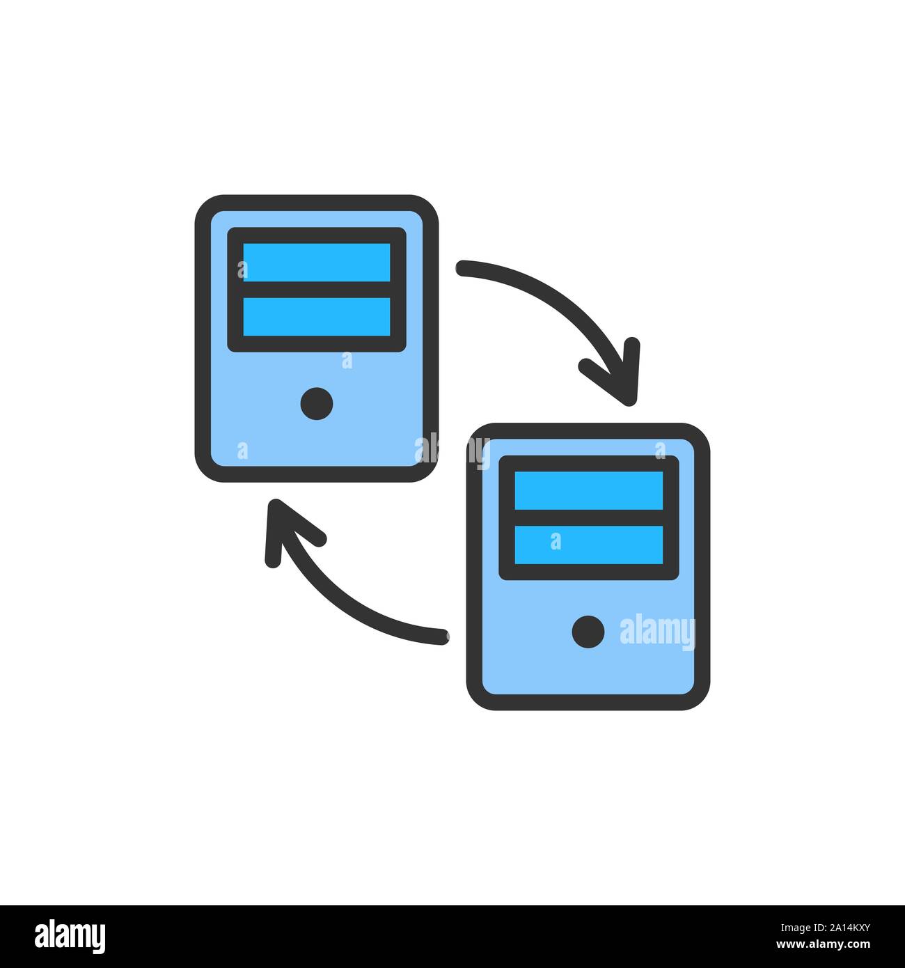 Calcolatore vettoriale di trasferimento di dati di colore piatto icona linea. Illustrazione Vettoriale