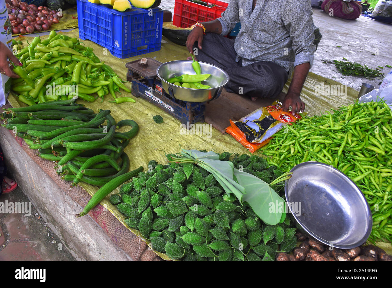 Un senior cittadino indiano trades verdura nel mercato. Un uomo pesa peperoncino verde Foto Stock