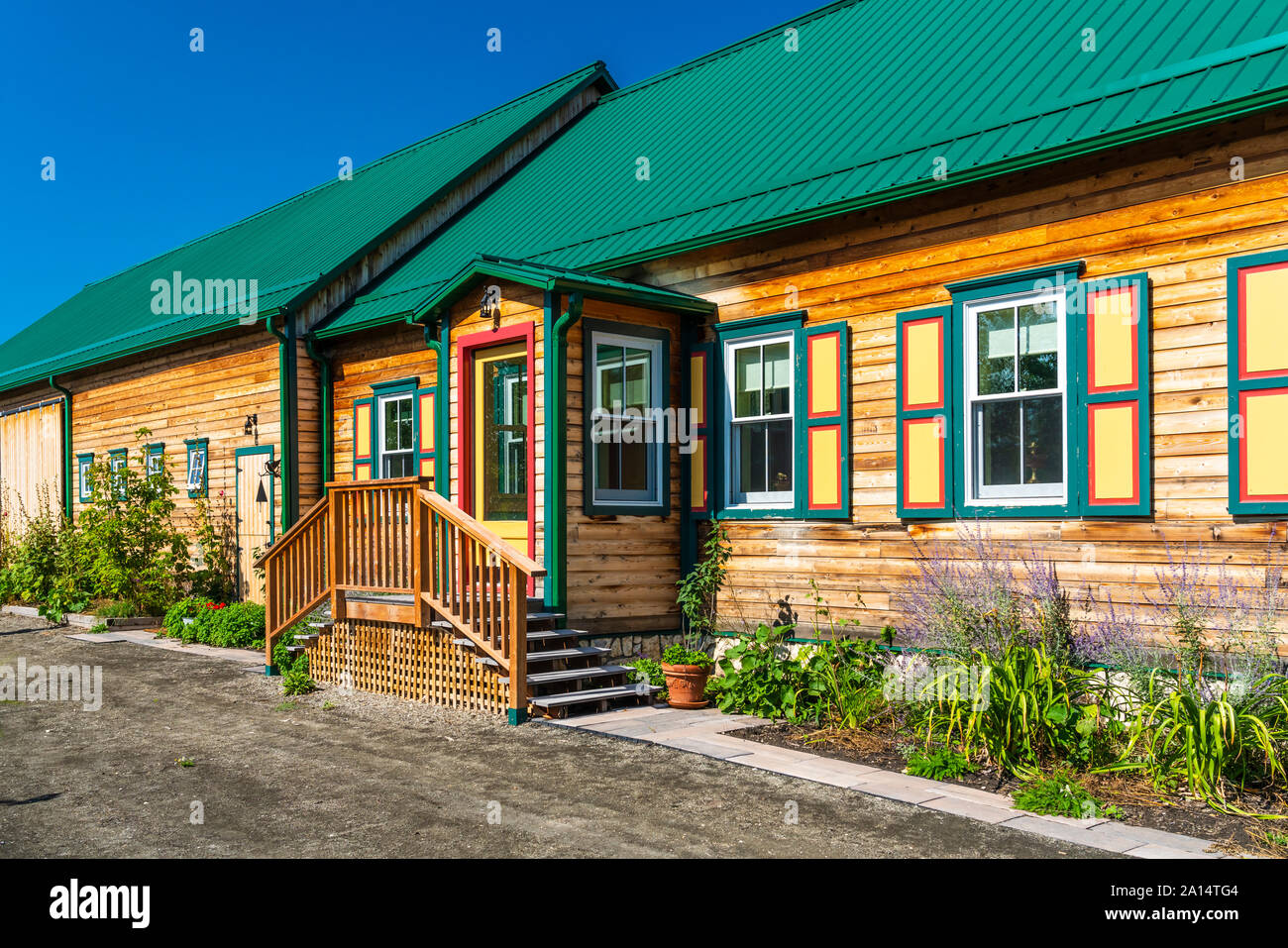 Una casa/fienile in mennonita street village di Neubergthal, Manitoba, Canada. Foto Stock