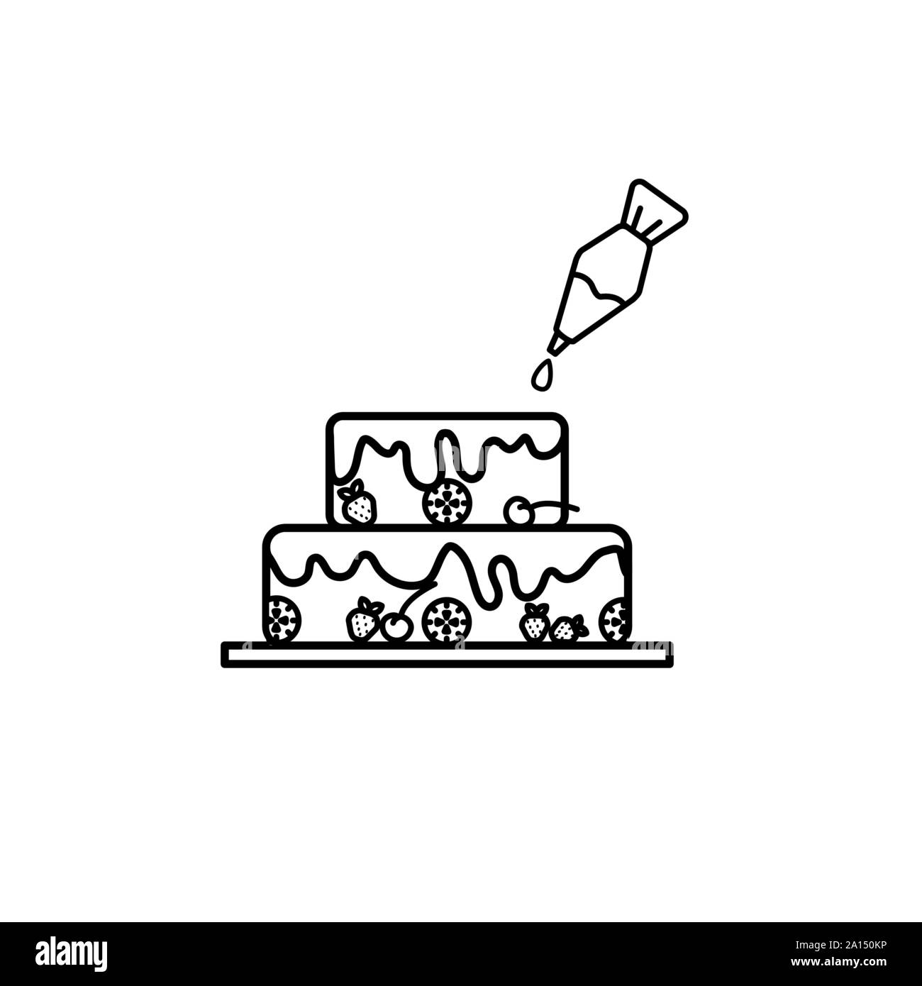 La torta con la siringa di pasta in linea art design isolato Illustrazione Vettoriale