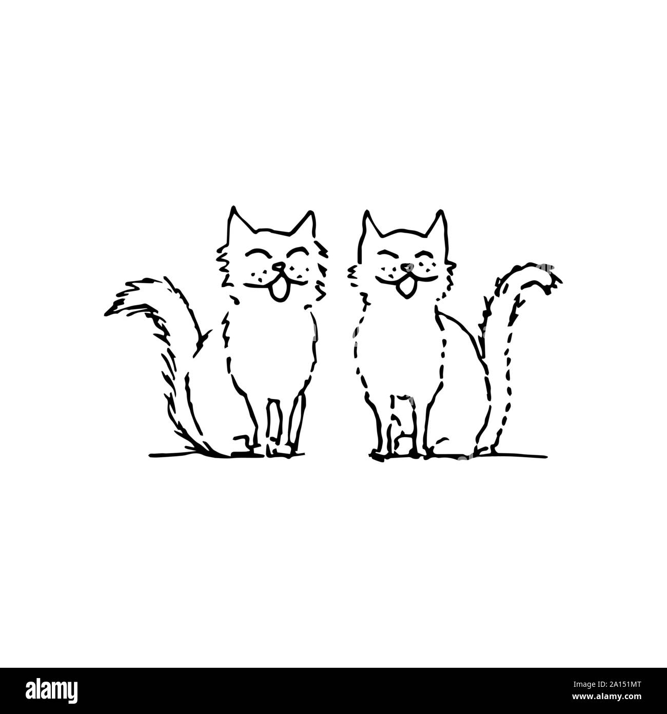 Cat Coppia sorridente, cantando e seduta. Contorno nero su sfondo bianco. Immagine può essere utilizzato in biglietti di auguri, poster, volantini, banner, logo, ulteriore disegno etc. Illustrazione Vettoriale. EPS10 Illustrazione Vettoriale