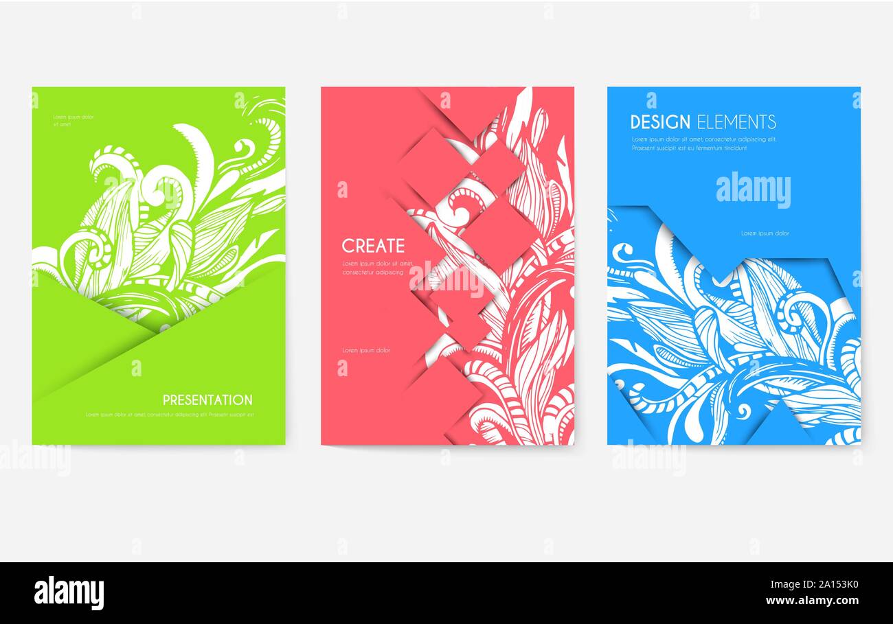 Vettore di astratta brochure set di schede. Stampa modello di arte di flyear, riviste, poster, la copertina del libro, banner. Design colorato invito concetto dello sfondo. Ornamento di impaginazione illustrazioni moderne Illustrazione Vettoriale