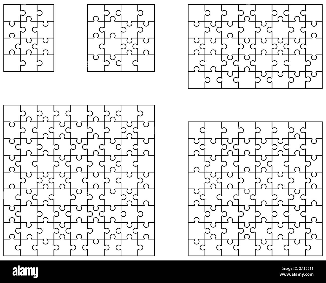 Illustrazione Vettoriale di differenti puzzle bianco, pezzi separati Foto Stock