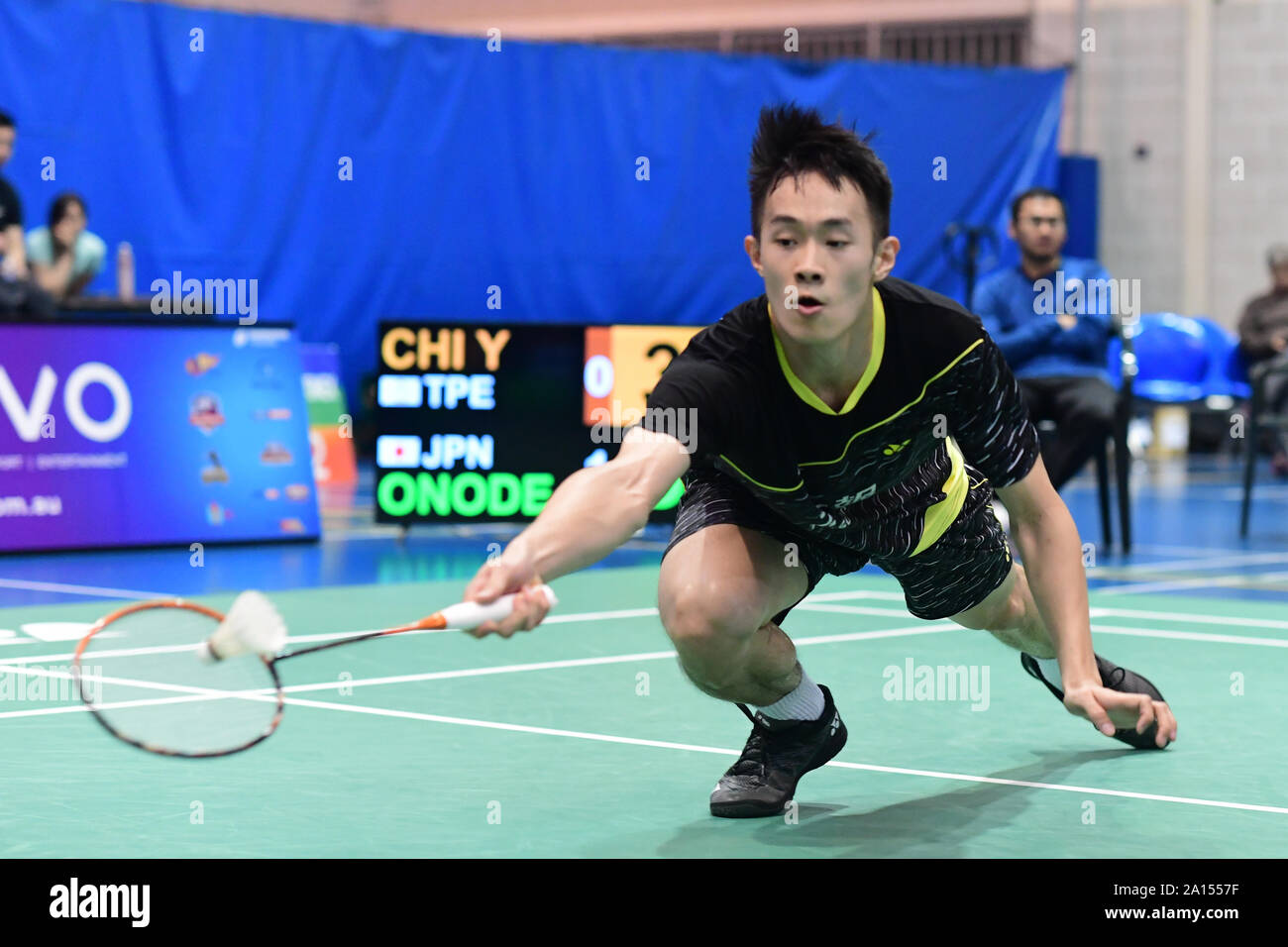 Chi Yu Jen (Taipei cinese) visto in azione durante il 2019 Sydney International uomini singola partita contro Yusuke Onodera (Giappone). Chi ha perso la partita, 11-21, 21-15, 10-21. Foto Stock