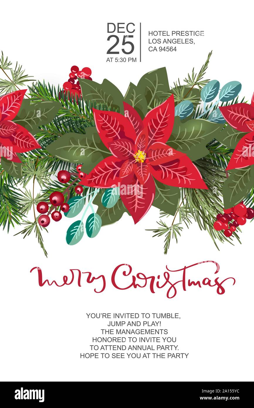 Merry Christmas greeting card design con corona di fiori e di decorazione scritto a mano il testo calligrafico. Moderno stagione invernale cartolina, brochure, a parete Illustrazione Vettoriale