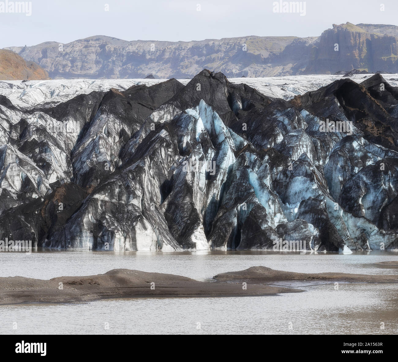 Ghiacciaio Solheimajokull formazioni di ghiaccio in Islanda Foto Stock