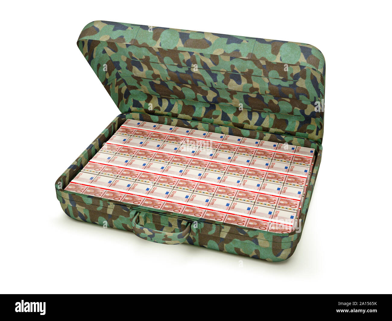Valigetta mimetica con banconote in euro all'interno - concetto di ricchezza internazionale, riciclaggio di denaro, offshoring, paradisi fiscali Foto Stock