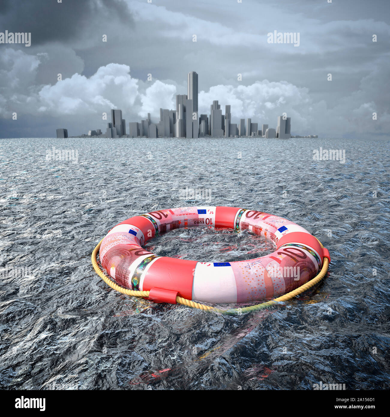 Lifebelt, anello di vita preserver fatta di valuta euro sgommate sull'oceano di fronte di una città Foto Stock