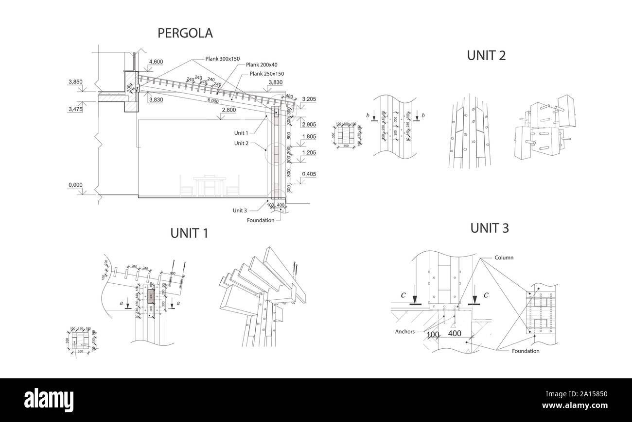 Set di unità, architettonici dettagliati disegno tecnico, vettore cianografia Illustrazione Vettoriale