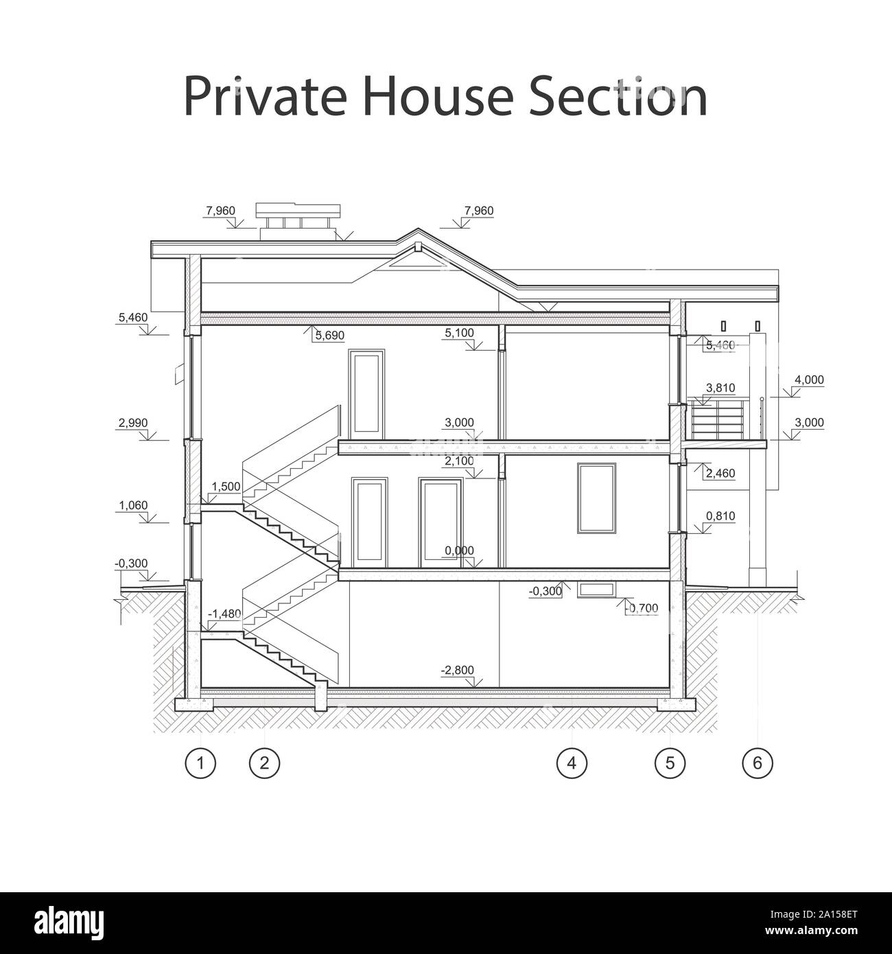 Casa privata sezione, architettonici dettagliati disegno tecnico, vettore cianografia Illustrazione Vettoriale