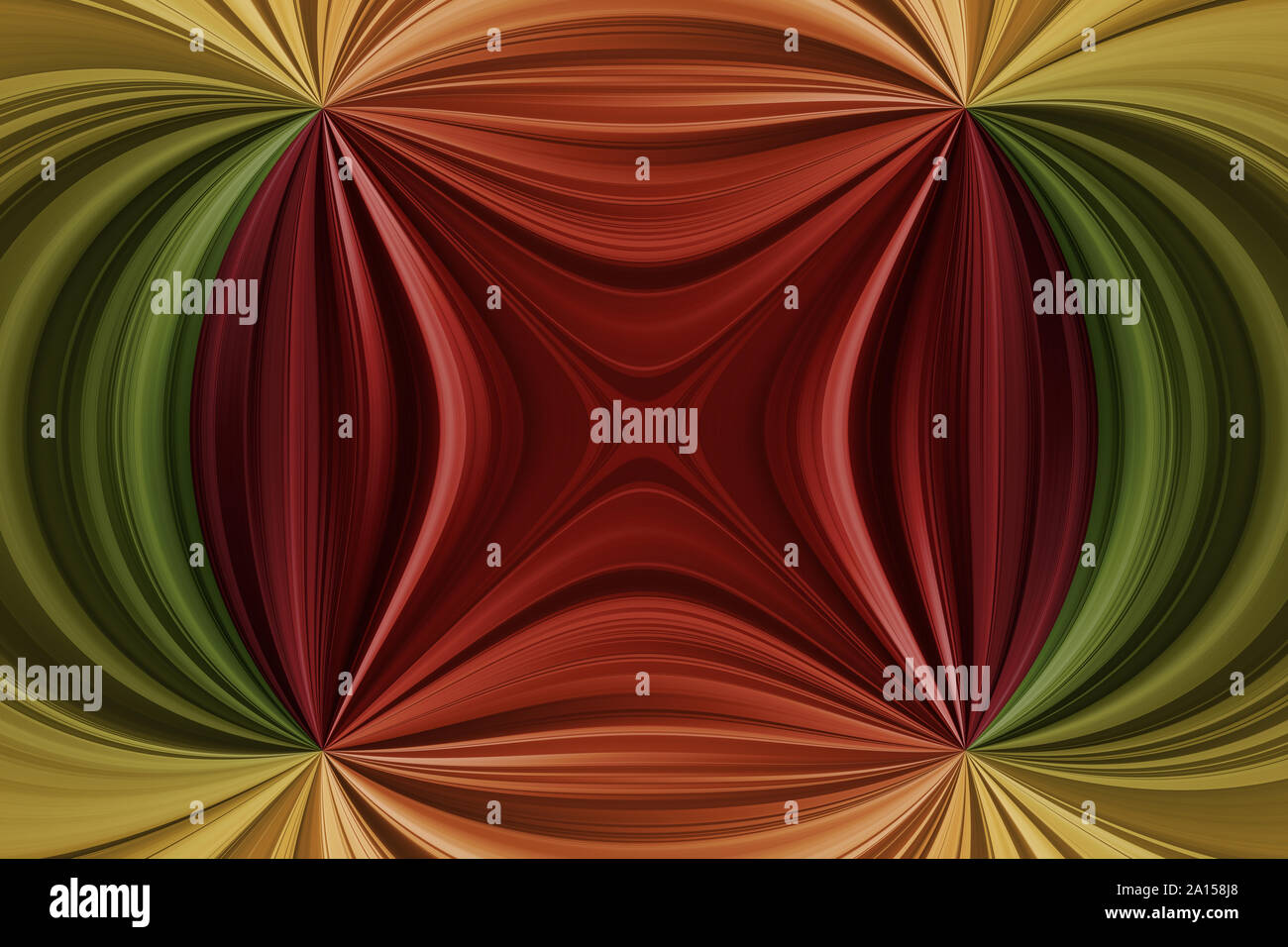 Rosso, arancione, giallo, verde linee arrotondate, abstract sfondo multicolore con effetto specchio Foto Stock