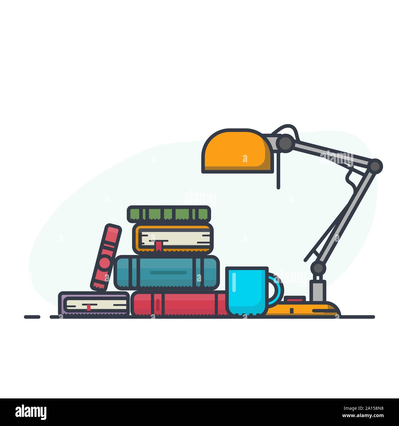 Lettura e di apprendimento con i libri con lampada da tavolo. Pila di libri e riviste. In stile appartamento, spessa e la linea sottile design concept art. Libri a colori, educazione Illustrazione Vettoriale