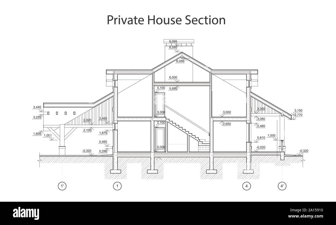 Casa privata sezione, architettonici dettagliati disegno tecnico, vettore cianografia Illustrazione Vettoriale