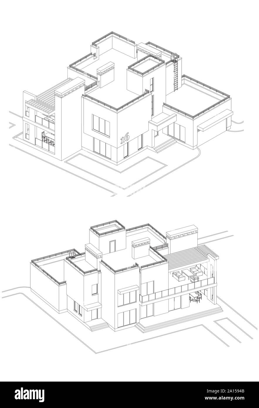 Set di vettore di casa privata facciate, architettonici dettagliati disegno tecnico, isometrica, vista aerea Illustrazione Vettoriale