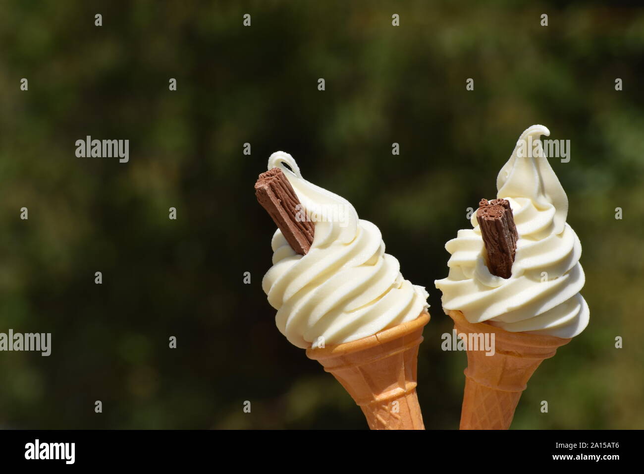 Due Vaniglia Soft frusta coni gelato con scaglie di cioccolato Foto Stock
